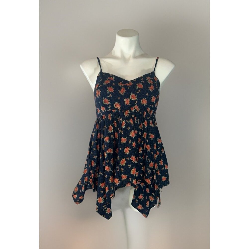 Mudd Blue Size Large polka dot floral babydoll asymmetrical spaghetti Strap top
